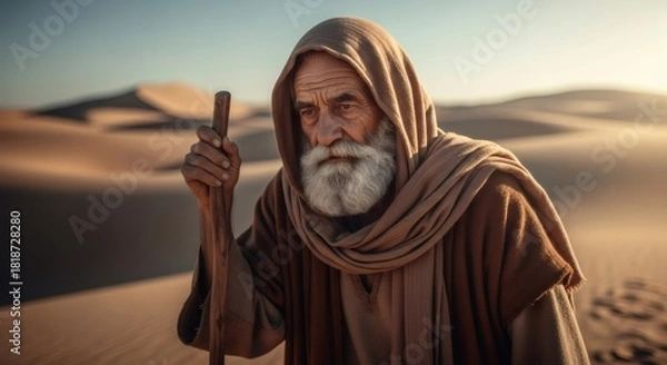 Fototapeta Old man with a staff walking in a vast desert. Biblical prophet or wanderer concept for religious texts and historical themes.