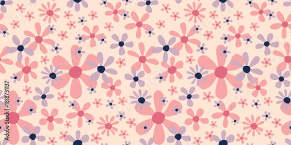Obraz Seamless vector floral pattern with pink, lavender, and navy daisies on a soft beige background. Playful and romantic design for fabric, stationery, and home decor