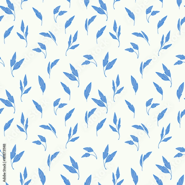 Fototapeta Elegant seamless vector pattern with hand-drawn blue leafy branches on a light background. Modern botanical designs  for fabric, stationery, packaging, wallpapers