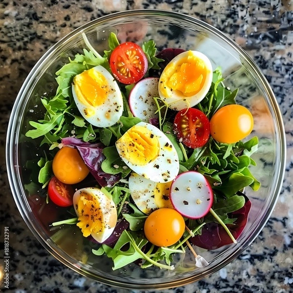 Fototapeta Healthy salad with boiled eggs mixed greens and fresh vegetables