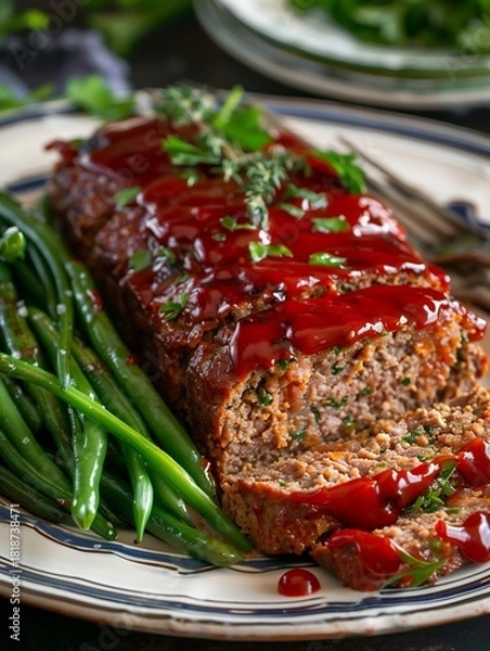 Fototapeta sliced meatloaf with tomato glaze and green beans side dish