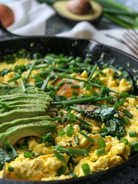 Fototapeta Scrambled eggs with sliced avocado and fresh chives in cast iron pan