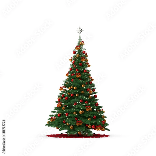 Obraz Festive christmas tree with star, lights, baubles, and bells