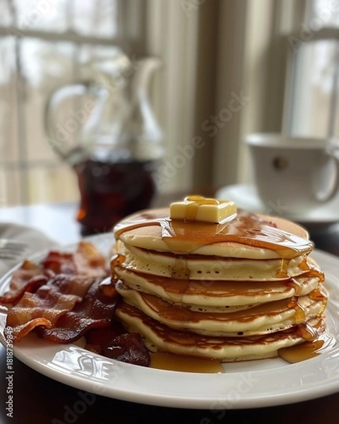 Fototapeta Stack of pancakes with maple syrup butter and crispy meat strips