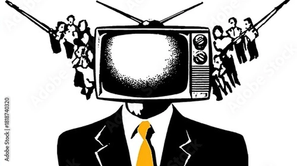 Fototapeta Censorship. A person who trusts news broadcasts from TV. Brainwashed audience in today's world. Hypnotized by government media