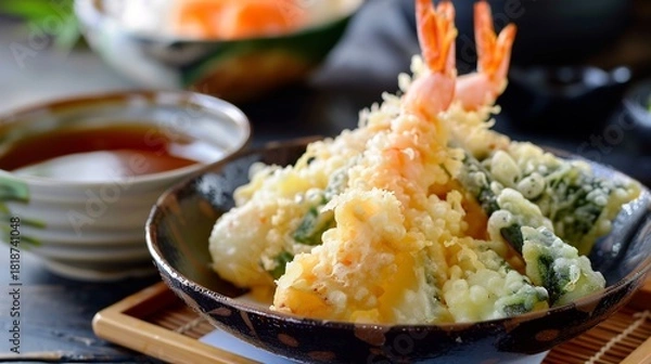 Fototapeta Crispy shrimp and vegetable tempura served with soy sauce for dipping