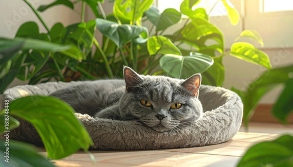 Fototapeta Grey cat, with amber eyes, rests in a bed, surrounded by lush green plants, sunlit by a window