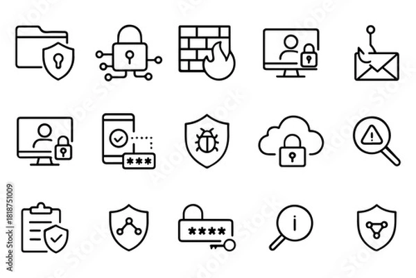 Fototapeta Data storage flat icon set. Including cloud computing, encrypted data, hosting, cloud storage, server racks, and monitoring. Perfect for IT dashboards, apps, websites, and cybersecurity platforms.