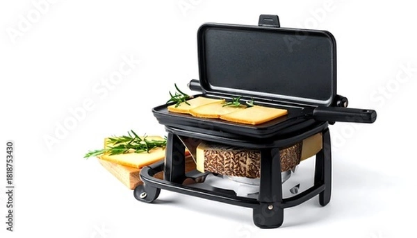 Fototapeta Grill press with cheese slices & bread on a cart against a white background