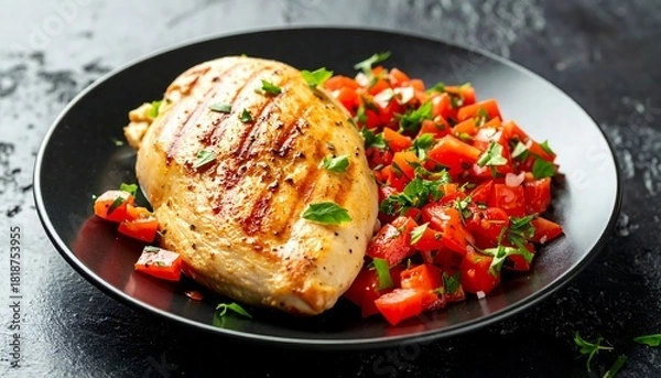 Fototapeta Grilled chicken breast plated with chopped tomato salad garnish on a dark, textured background