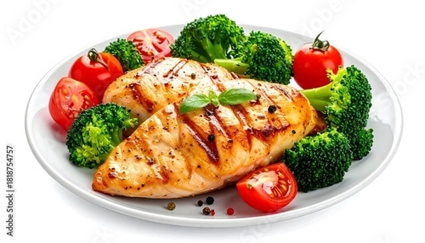 Fototapeta Grilled chicken breasts with broccoli florets and halved cherry tomatoes on a white plate, isolated on white
