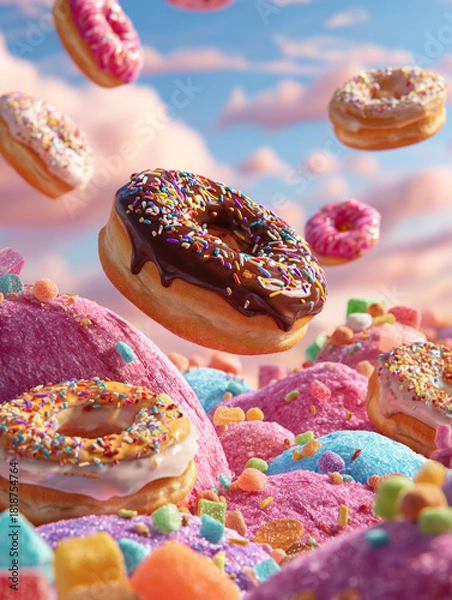 Fototapeta Floating Donuts In A Candy Cloud World With Chocolate Glaze And Sprinkles