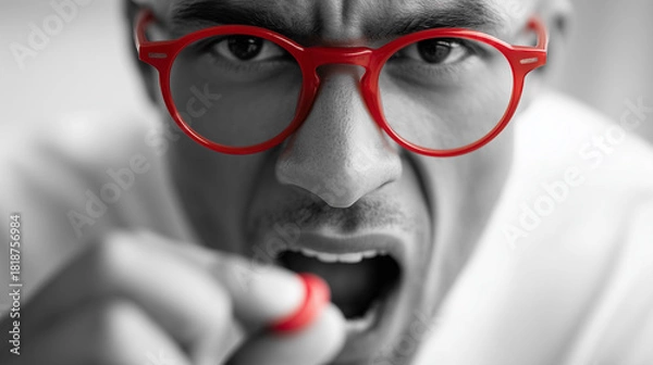 Fototapeta Close up of a man in red glasses and holding red pill with intense or angry expression on face.