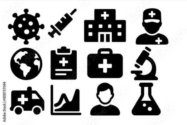 Obraz Global Health Icons. Solid style icons of Global Health: virus, vaccine syringe, hospital, health worker, globe, medical report,