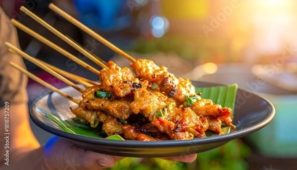 Fototapeta Grilled meat skewers on a black plate with green garnish are held up against a warm, sunny background