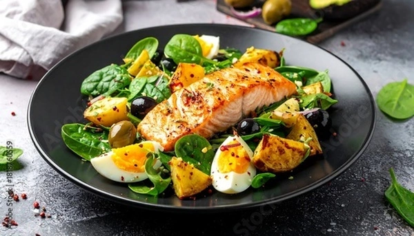 Fototapeta Grilled salmon salad with potatoes, eggs, olives, and spinach, elegantly plated on dark, textured surface