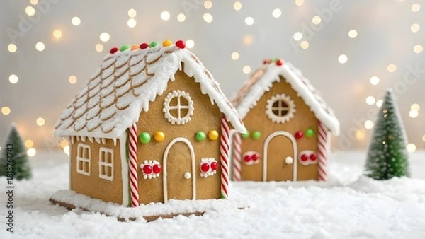 Fototapeta Gingerbread Houses Dusted With Powdered Sugar Beside Twinkling Fairy Lights Illustrating Sweet Holiday Tradition, Cozy Warmth, And The Whimsical Charm Of Festive Home Baking  