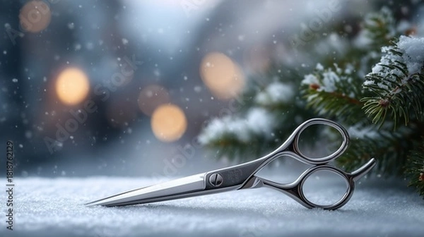 Fototapeta Classic barber scissors resting on snow beside a small decorated Christmas tree, soft snowfall, minimalistic professional aesthetic, blurred background, space for holiday text