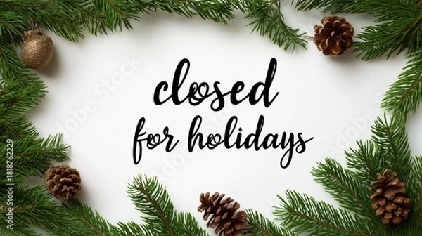 Fototapeta "closed for the holidays" text in black cursive font on a white background with christmas decorations and pine branches around it