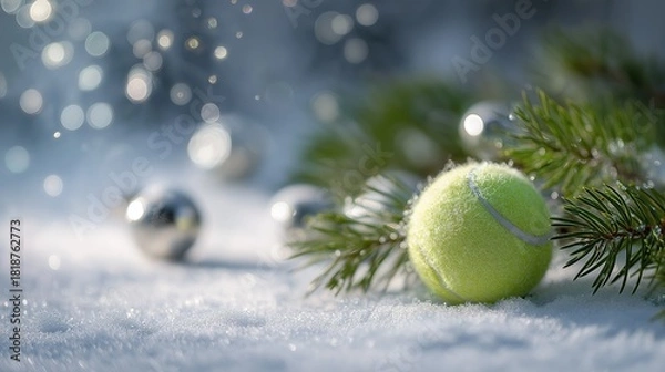 Fototapeta tennis ball in snow with tiny Christmas ornaments and pine branches around