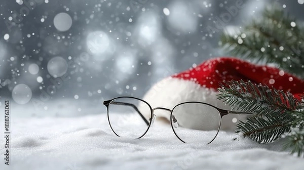 Fototapeta Eyeglasses resting on fresh snow, small decorated Christmas tree beside them, Santa hat gently placed on the frame