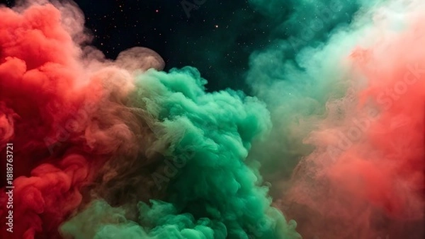 Fototapeta Red‑Green Smoke Clouds Blending To Create Ethereal Holiday Cosmic Atmosphere Evoking Abstract Festive Energy, Dreamlike Light, And Artistic Fusion Of Color And Movement  