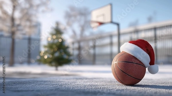 Fototapeta Hoop in snowy outdoor court, basketball lying beneath, Santa hat on ball, small Christmas tree nearby, minimalistic, soft bokeh, empty space for holiday greeting
