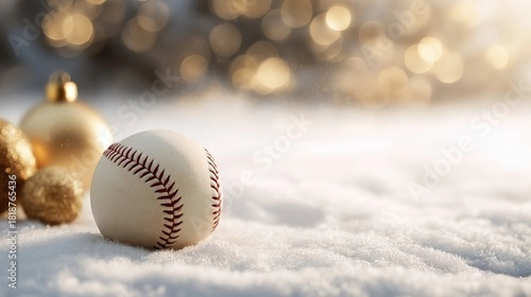 Fototapeta Snow-covered baseball field with ball on pitcher's mound, Santa mitt and ornaments nearby