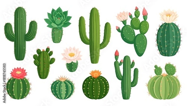 Fototapeta Group of assorted cartoon cacti and succulents with blooms, isolated on white