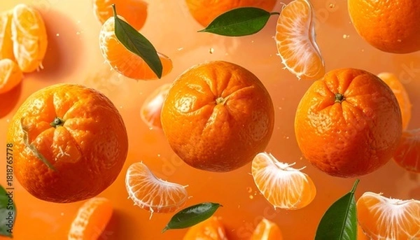 Fototapeta Group of bright orange tangerines with green leaves scattered against a gradient orange background