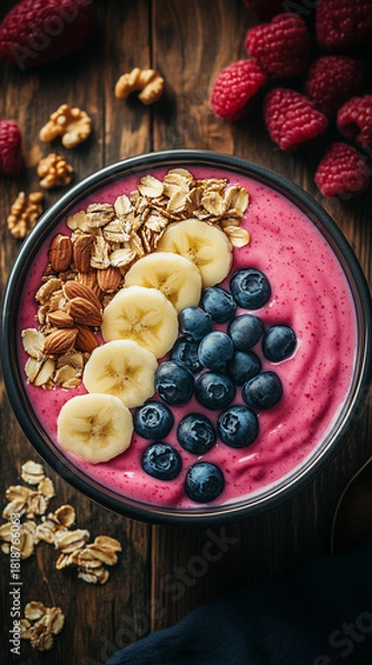 Fototapeta A healthy pink smoothie bowl topped with fresh blueberries, banana slices, granola, and almonds rests on a rustic wooden surface.