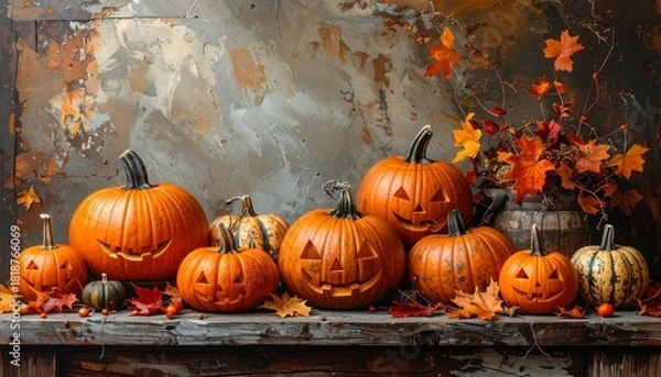 Fototapeta Group of carved pumpkins sit on a rustic wooden surface, decorated with fallen autumn leaves against a textured backdrop