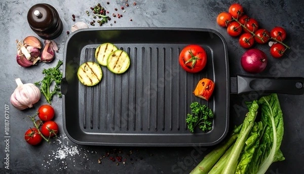 Fototapeta Grill pan centered with various colorful fresh vegetables and seasonings scattered on a dark surface around it