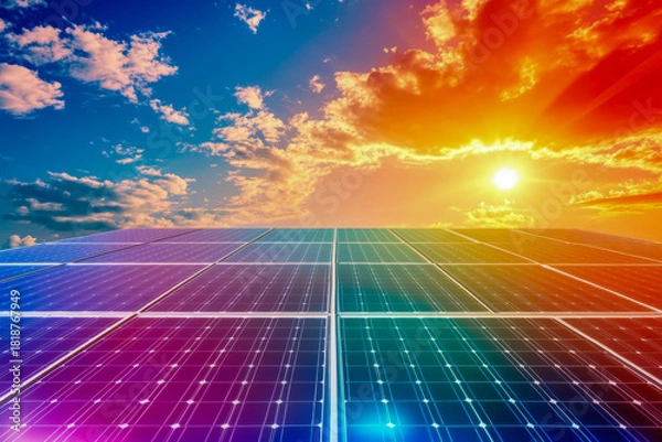 Obraz A field of solar panels captures sunlight during a striking sunset, highlighting the importance of clean energy
