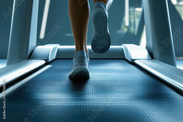 Fototapeta Person is running on a treadmill at a well-lit gym, focusing on fitness during a morning training routine