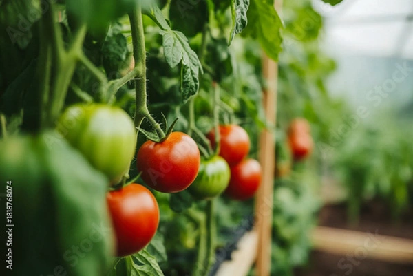 Obraz Vibrant tomatoes of various colors ripen on lush green vines inside a greenhouse, basking in natural light