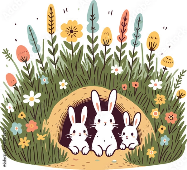 Obraz Three Adorable Rabbits Peeking from Their Burrow in a Spring Meadow