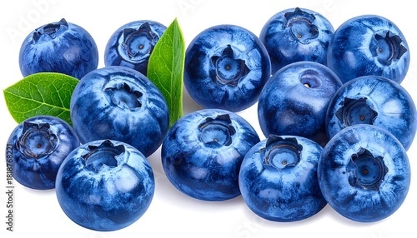 Fototapeta Group of fresh blueberries with green leaves, isolated against a white background, showcasing their vibrant color