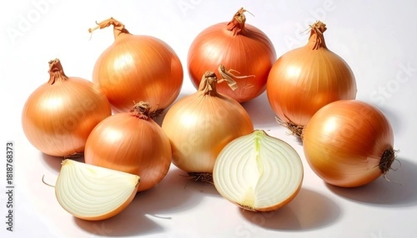 Fototapeta Group of golden brown onions, one halved, displaying inner layers, on white background with soft shadows, warm lighting