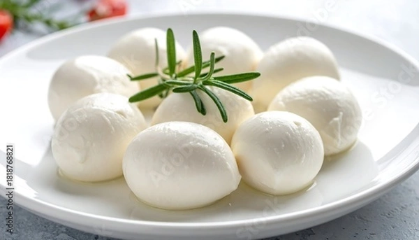 Fototapeta Group of mozzarella balls on a white plate, garnished with rosemary sprigs, on a mottled grey surface