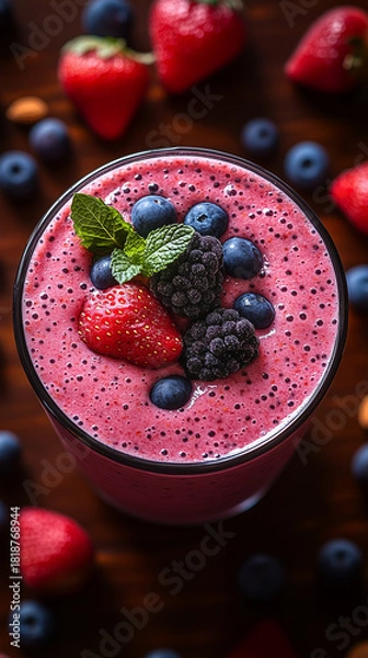 Fototapeta Delicious fresh berry smoothie served in a clear glass, topped with sweet strawberries, ripe blueberries, and dark blackberries, ready to enjoy.