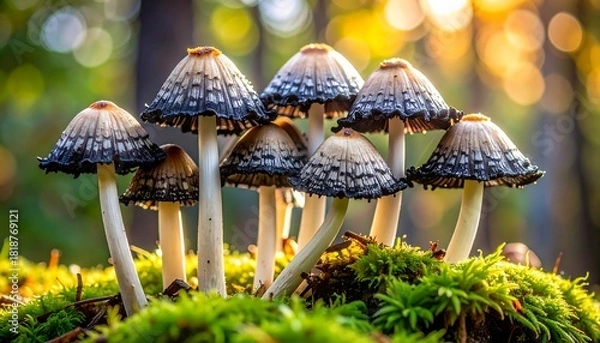 Fototapeta Group of mushroom caps with moss, soft focus, bokeh background. Warm tones