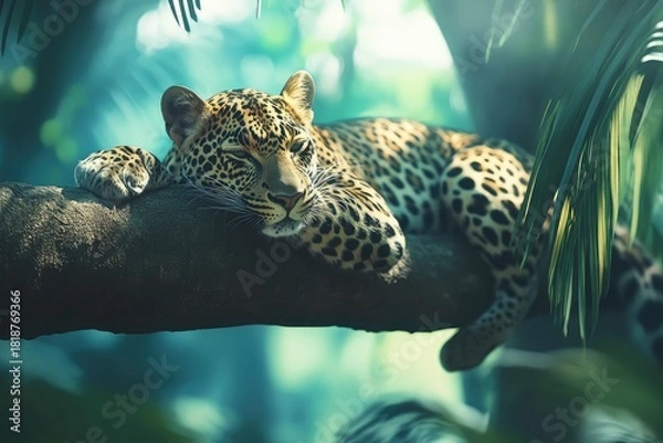 Fototapeta Leopard resting in the treetops of a tropical forest