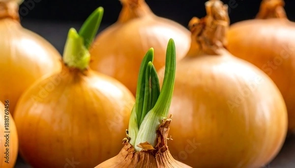 Fototapeta Group of onions, some sprouting green shoots, against a dark, blurred background