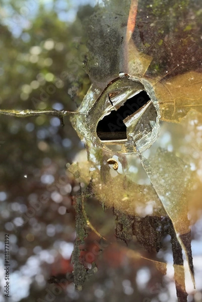 Obraz Broken glass window with a hole and weathered surface