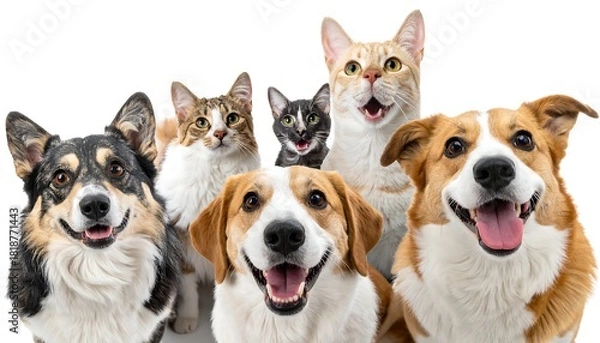Fototapeta Group shot of happy dogs and cats with bright white background, smiles, forward facing, and mixed breeds