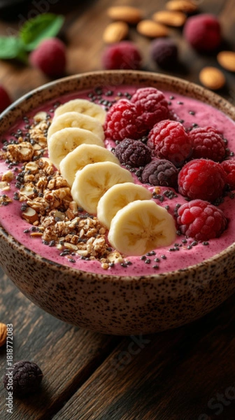 Fototapeta A delicious healthy breakfast smoothie bowl with fresh raspberries, sliced bananas, crunchy granola, and chia seeds on wood.