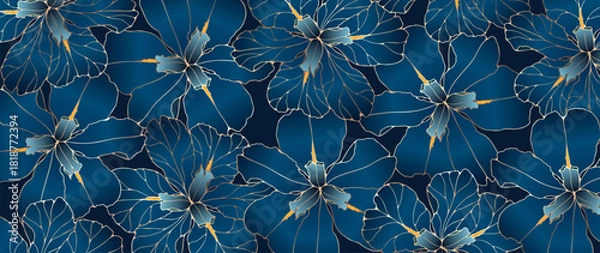 Fototapeta Elegant floral design with gold-outlined iris flowers on a deep blue background. Perfect artwork for prints, packaging, stationery, and decorative projects.