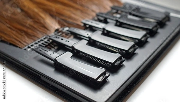 Fototapeta Hair extensions clipped to a black tray, creating a pattern of neat, parallel lines against a white surface