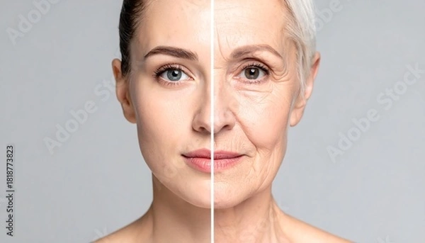 Fototapeta Half young and half old woman's face with split down center on a light gray background